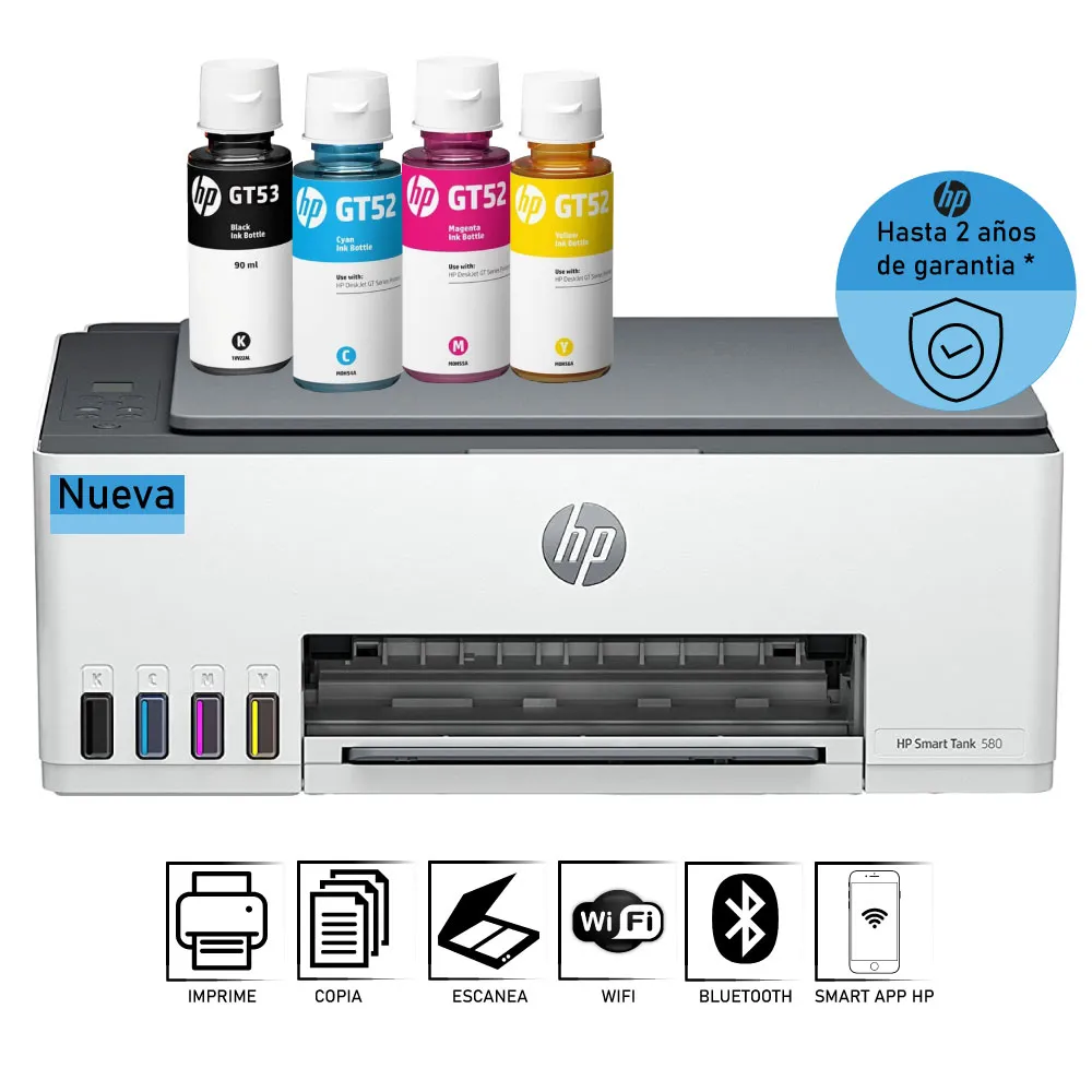 Impresora Multifuncional HP Smart Tank 580 Tinta Continua, Color, Wi-Fi, Smart App, Escáner 